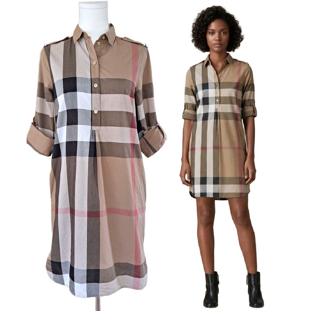 BURBERRY Kelsy Brown Check Dress Cotton Shirt Dress Size 2
